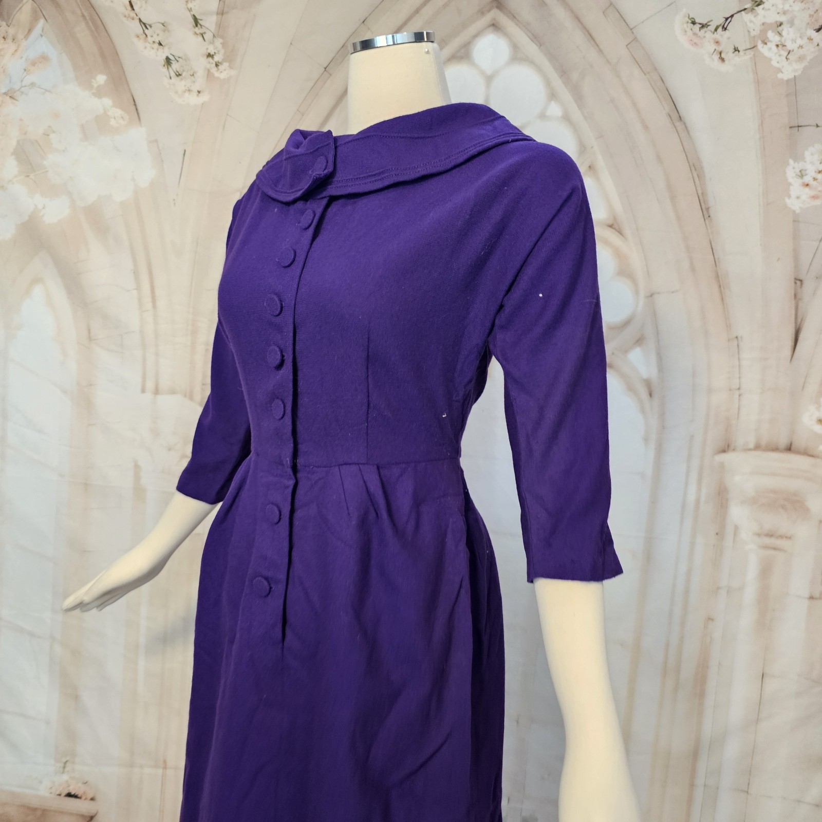 Vintage 1950s Fitted Wiggle Dress Wool Purple A Pomette Fashion Pinup Rockabilly