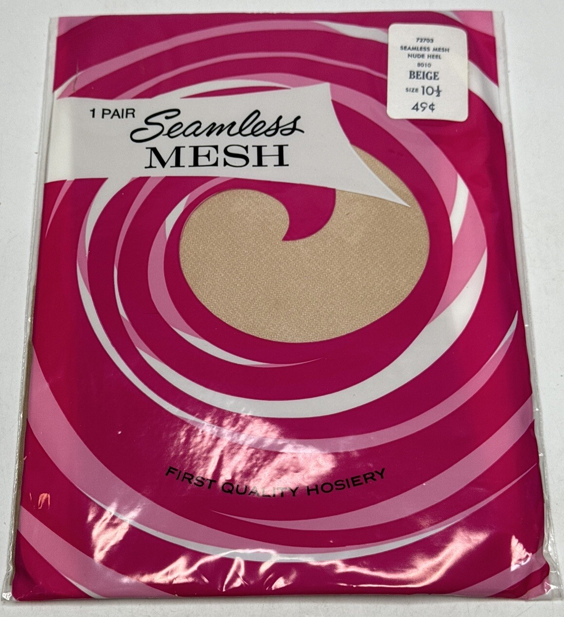 Vtg Seamless Mesh stockings 1 Pair Thigh High Stretch Nylon Size 10 1/2 Nude