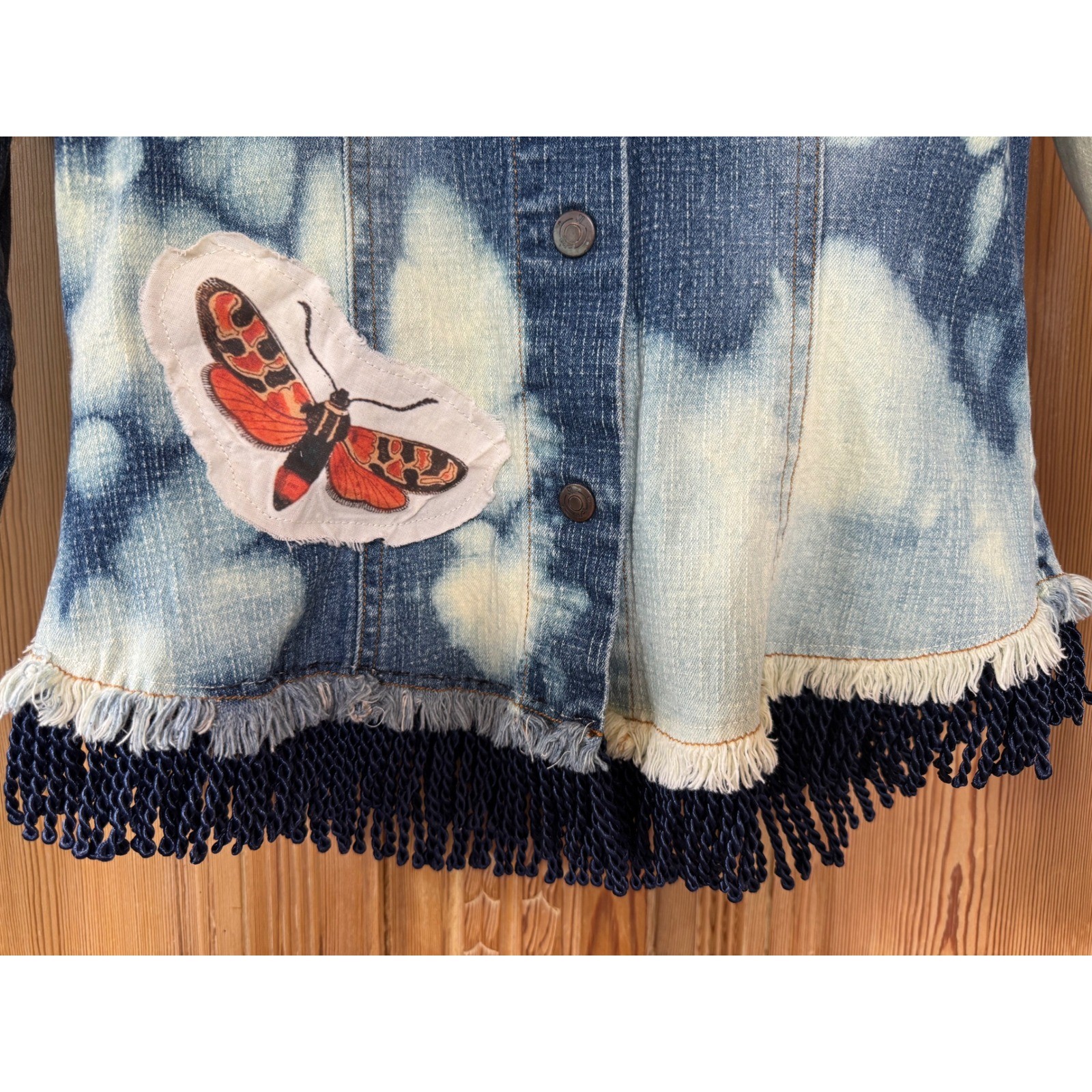 Upcycled Butterfly Jean Jacket | Bleached Fringe Denim | Size S