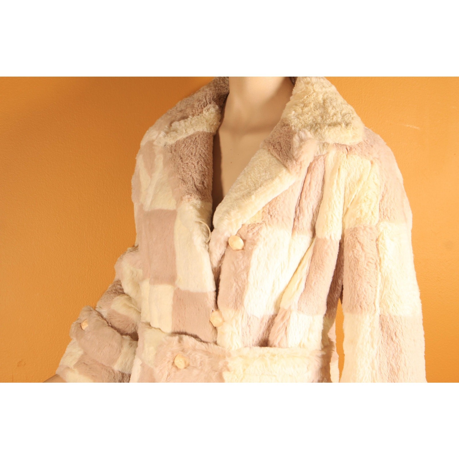 1960s Light Pink and White Sheared Dyed Chinchilla Fur Checkerboard Coat