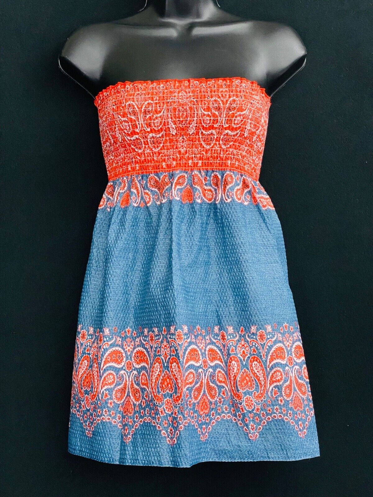 Vintage 1970s strapless mini dress tunic summer red blue bandana stretch XS