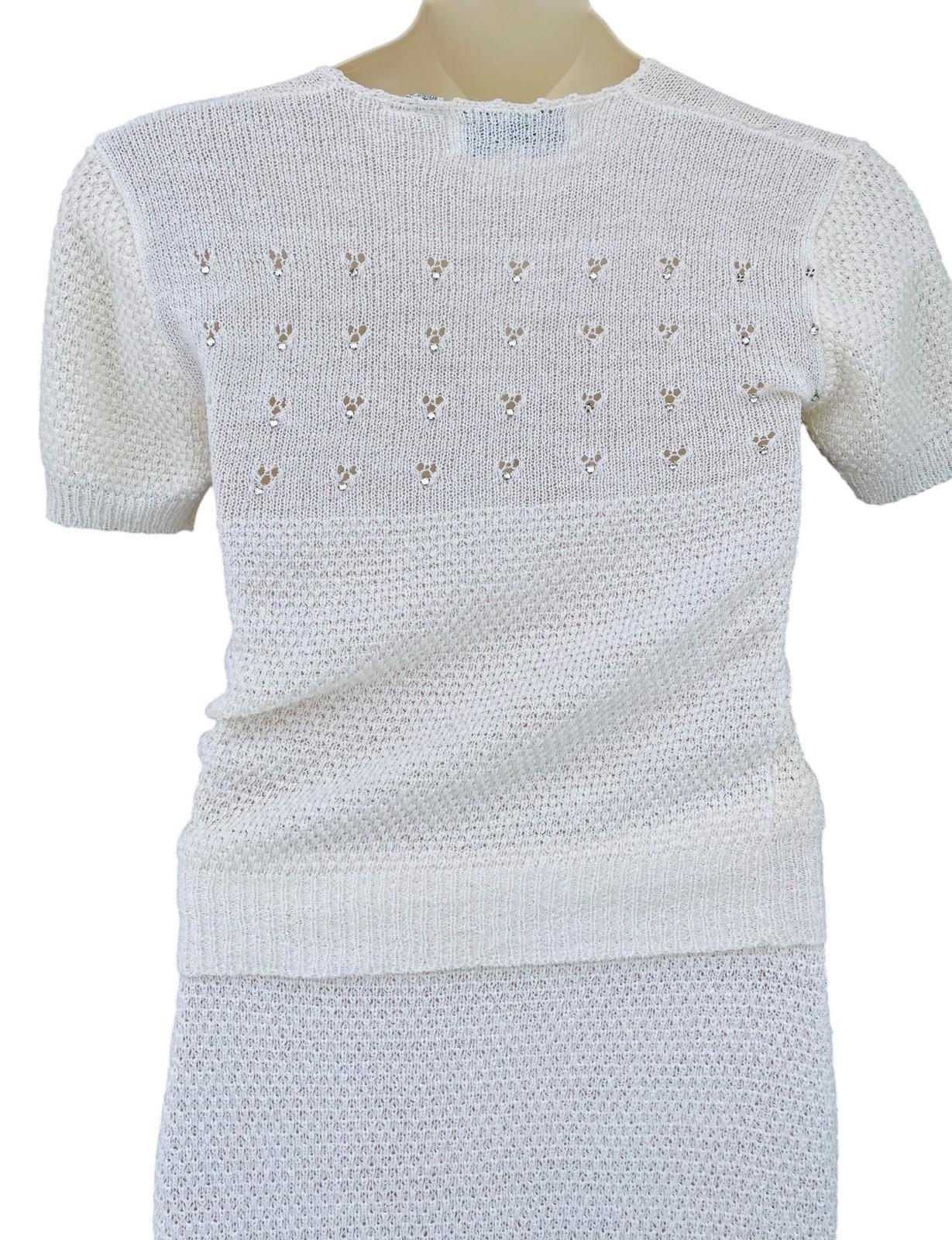 Vtg Bel D’or 70s Cream Knit Skirt Sweater Set Rhinestones Cottagecore Holiday