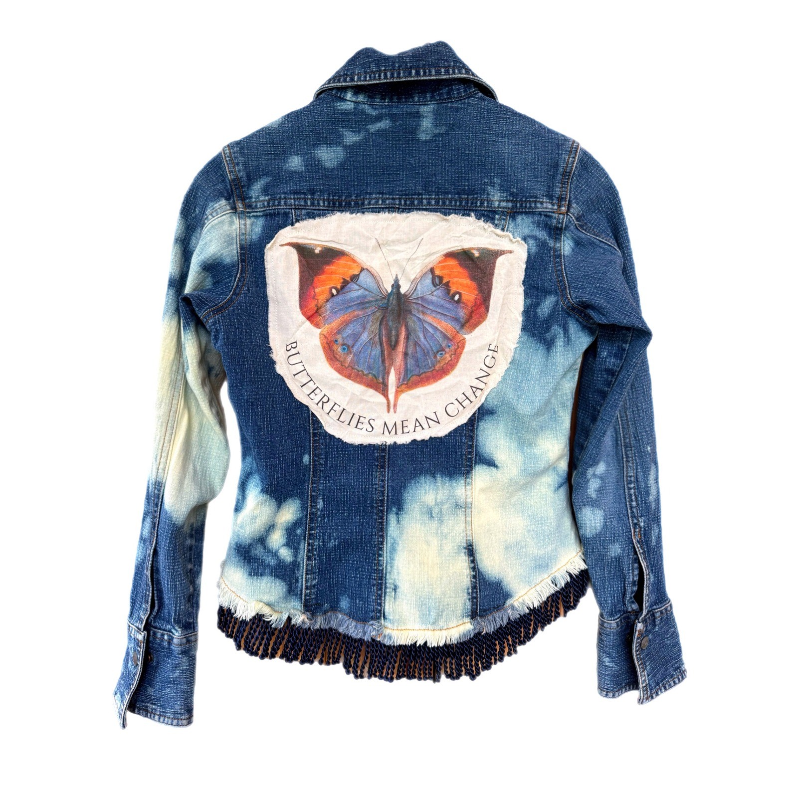Upcycled Butterfly Jean Jacket | Bleached Fringe Denim | Size S