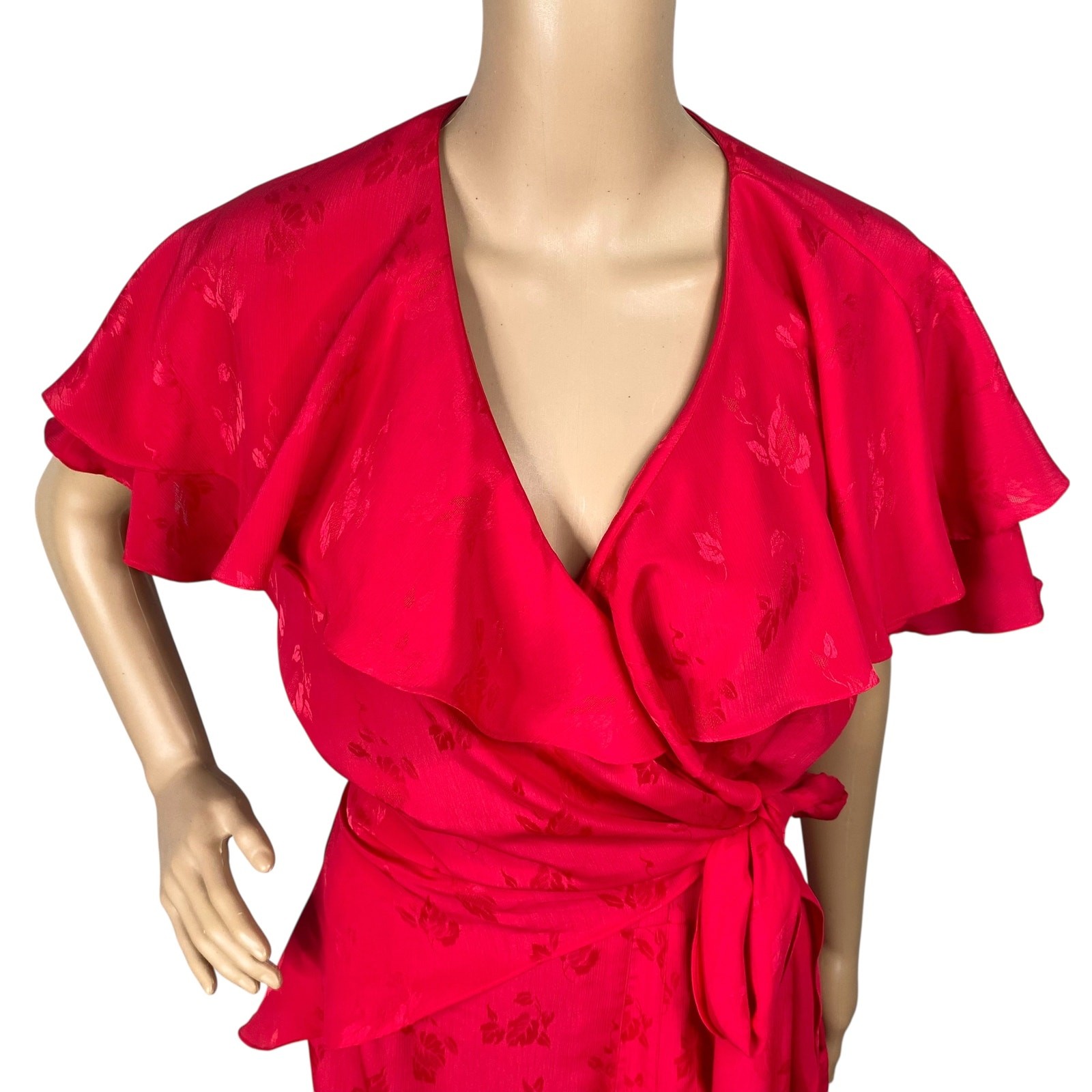 Vtg 80s Nilani Cherry Girl Flutter Sleeve Midi Wrap Dress SZ 11/12