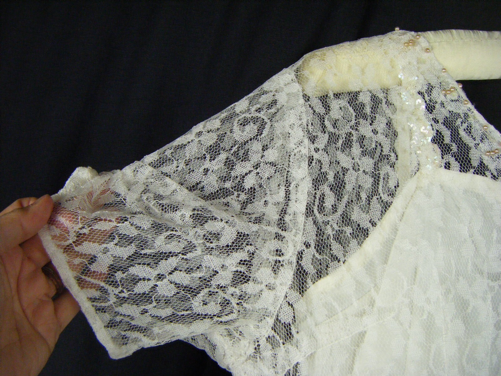 Vtg 50s Ivory Floral Beaded Lace Wedding Dress & Lace Sleeve-Bust 30/3XS-2XS