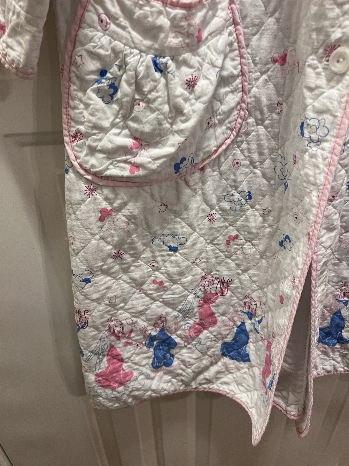Vintage Sears Quilted Housecoat Robe Angels Fairies Pink Blue Cottagecore