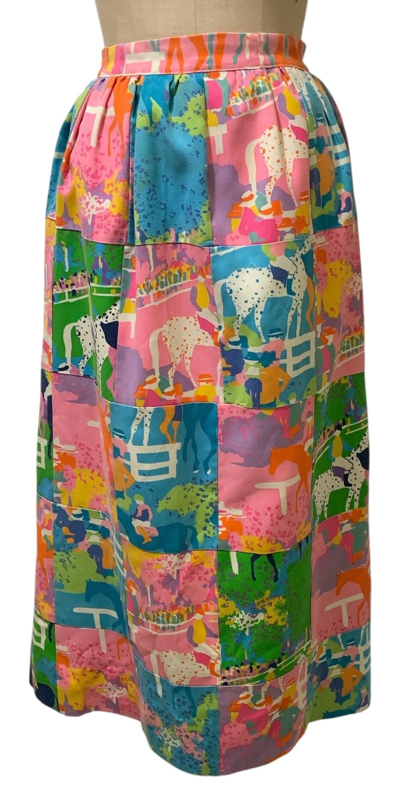 Vintage 80s Women’s Horse Racing Jockey Print Cotton Patchwork Maxi Skirt – Sz S