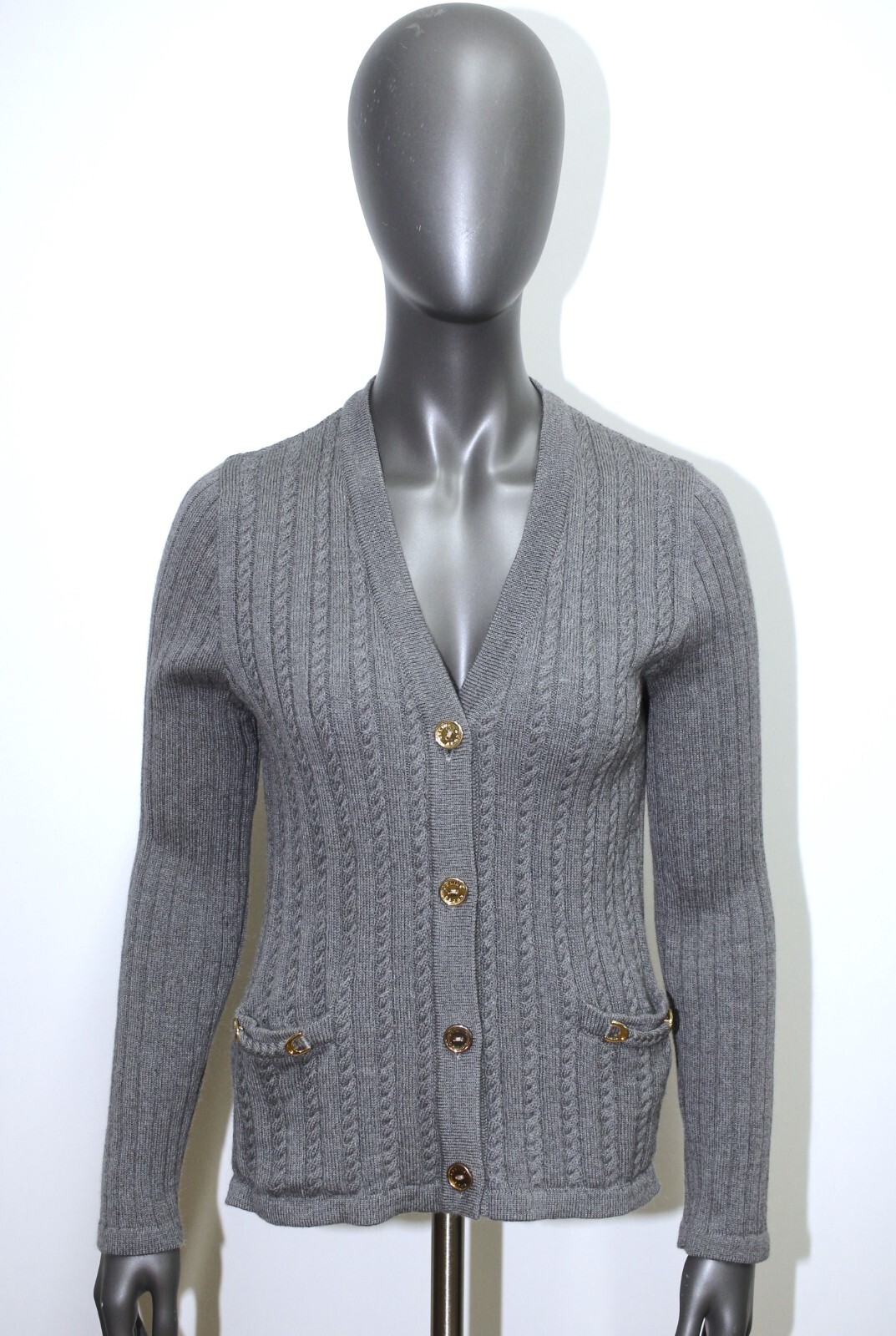 Vintage 80s Grey Wool Knit Cardigan Sweater CELINE PARIS Size S Made in Italy