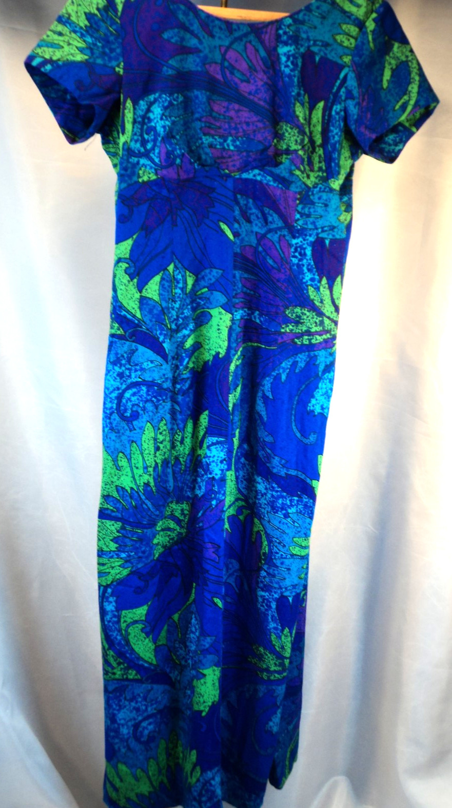 VTG 60’s Sun Fashions of Hawaii Maxi Dress Muumuu Blue Purple Barkcloth Sz 12