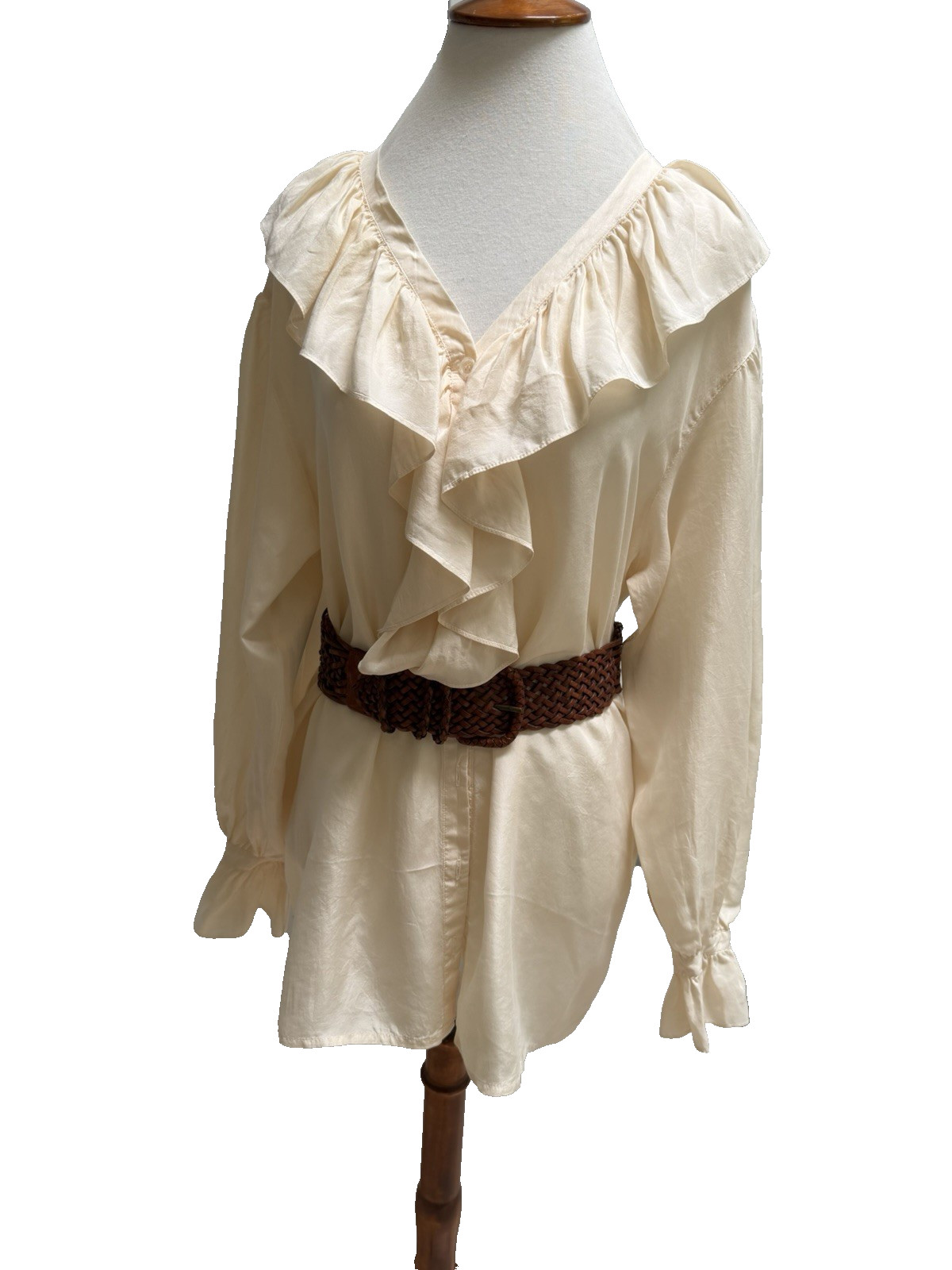 Vintage Dead Stock 100% Silk Peasant ruffle Blouse cream oversized M-XL