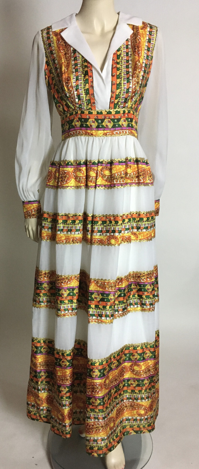 1970s True Vintage Paisley Folk Peasant Boho Cinch Waist Maxi Dress S