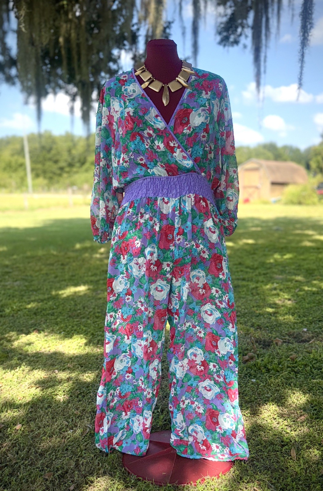 Vintage Diane Freis Women’s Georgette Floral sheer Jumpsuit with scarf Sz L XL