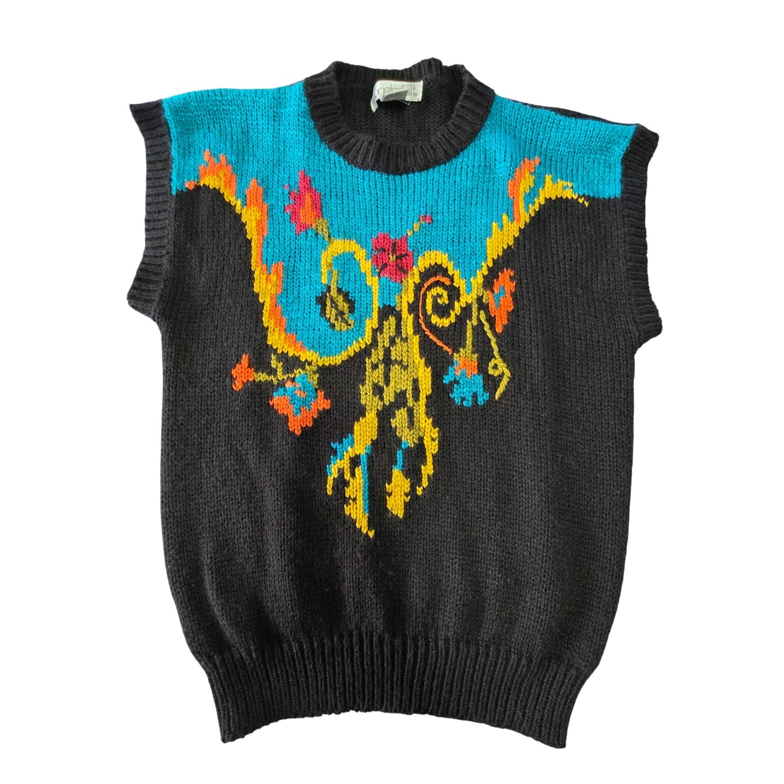 Vintage Knit Pullover Sweater Vest Intarsia Floral Small Black Multi Retro 80s