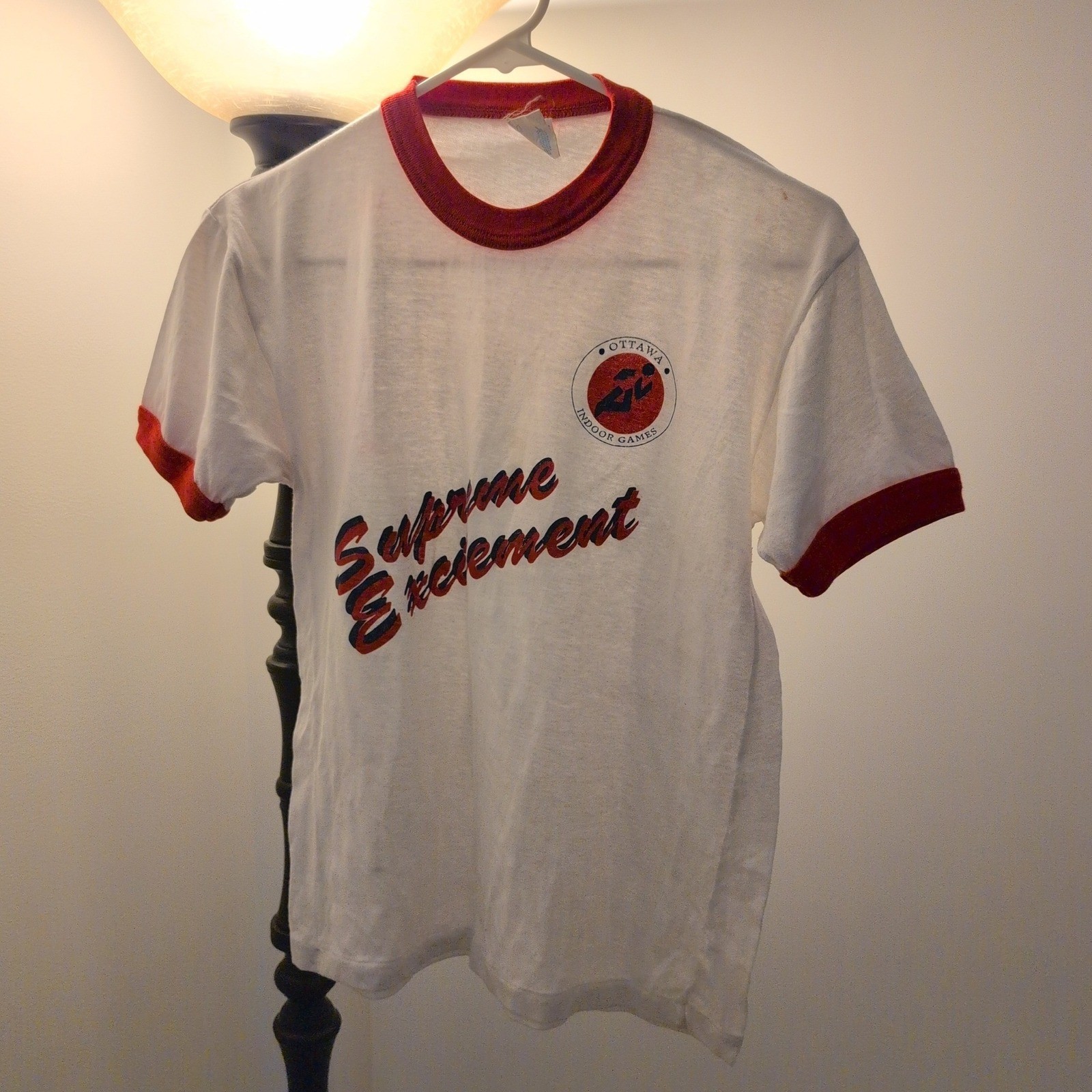 VTG 80s Women’s Small Supreme Excitement Ringer Shirt Paper Thin Sports USA