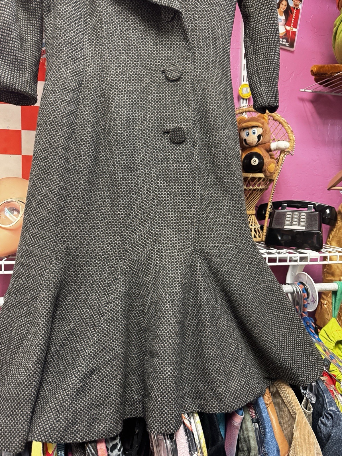 Vintage 1950s Dark Gray Wool Princess Fit & Flare Coat Dress With Peplum Hem