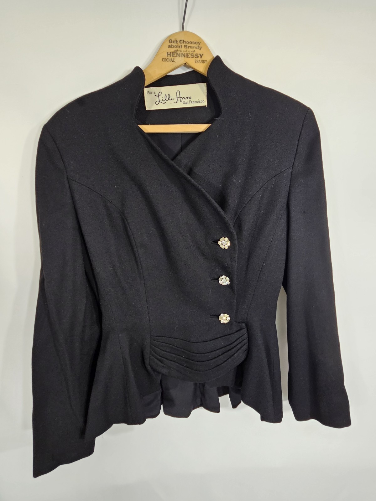 Vintage 50s Lilli Ann Black Peplum Blazer Dress Jacket Rhinestone Buttons Fitted