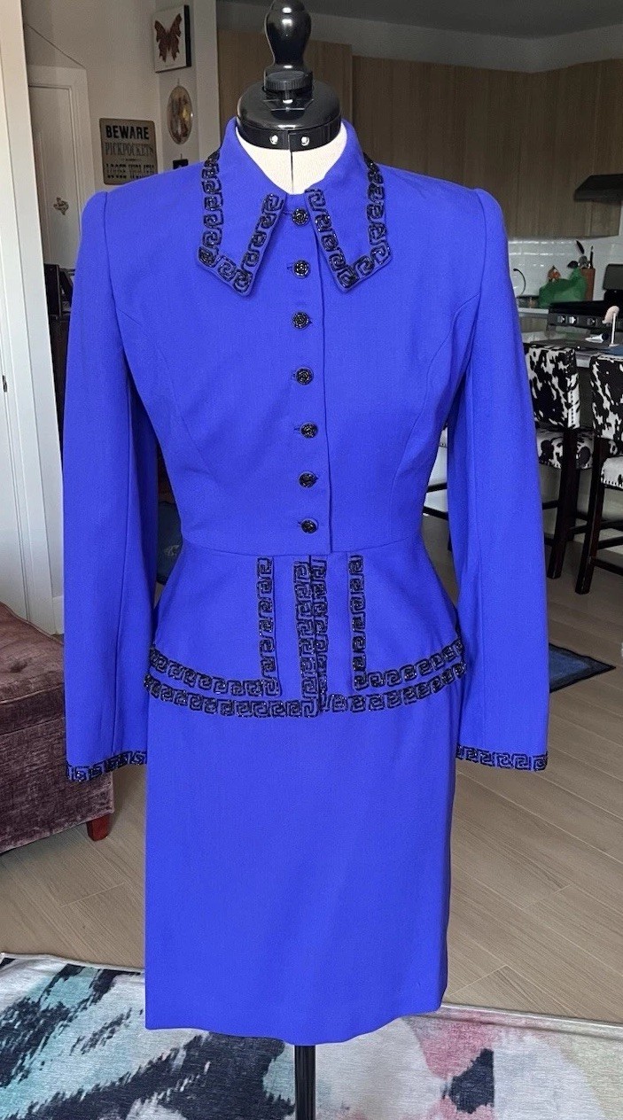 VTG 90s Purple Blue Wool Skirt Suit Set Bead Embroidery Peplum Jacket Size XS