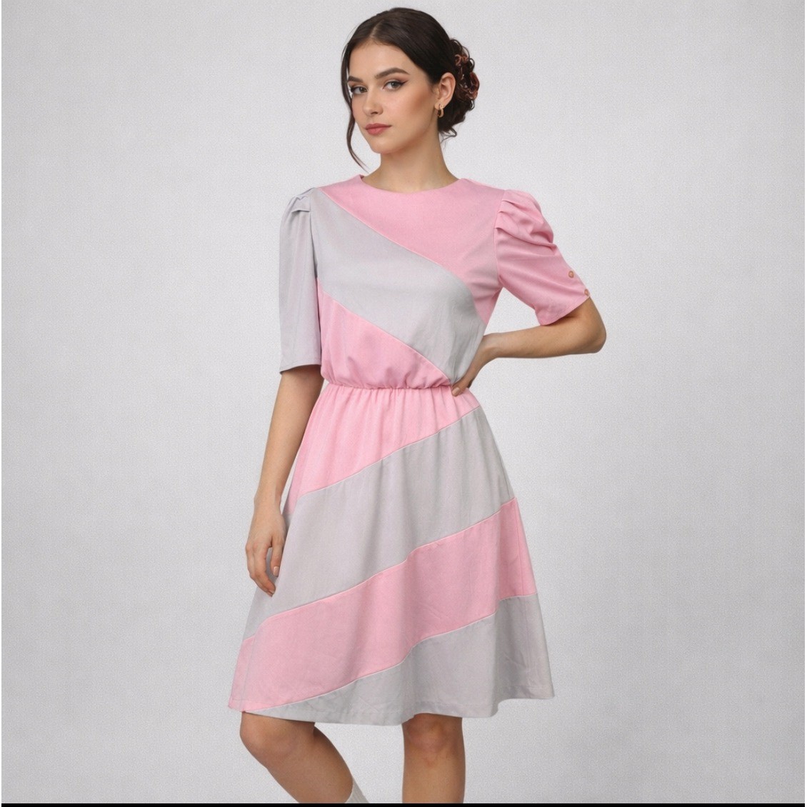 Vintage Susan Leonard 80s Midi Dress Diagonal Colorblock Puff Sleeve 9 (L) USA