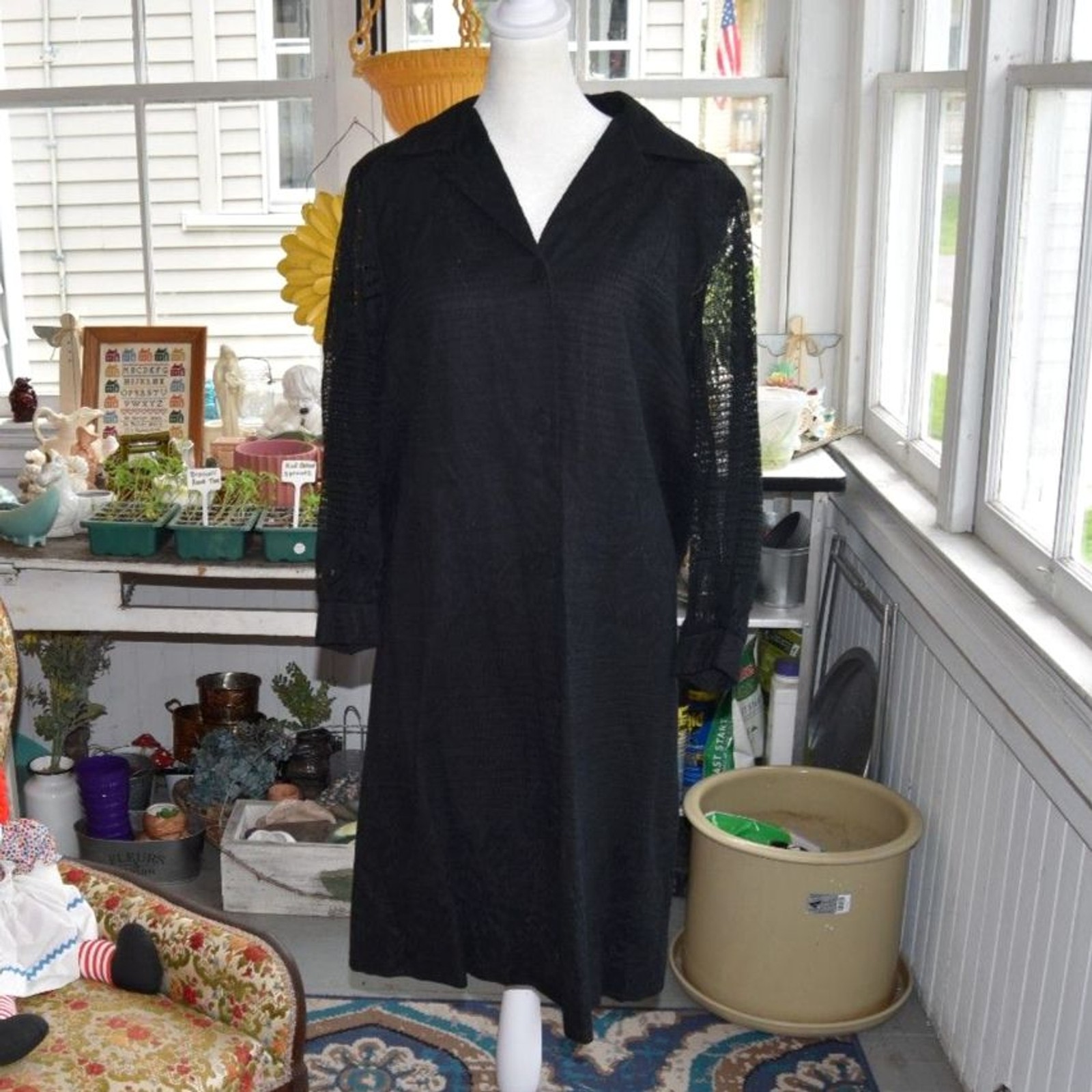 Vintage 70s Puritan Forever Young Crochet Lace Hostess Duster Dress Black M/L