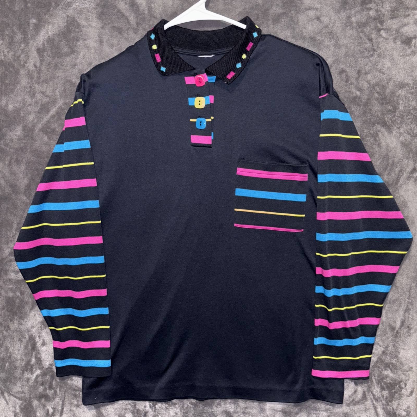 Vtg 90’s Black Color Stripe Womens Pullover Neon Pop Streetwear Retro