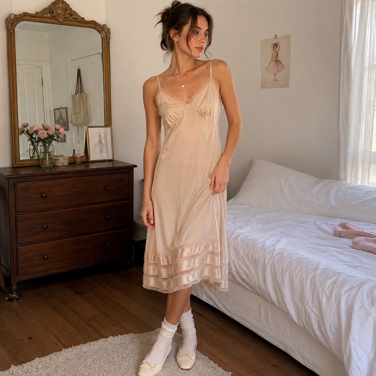 Vintage 90s Nude Silk Satin Midi Slip Dress Lace Hem Neutral Coquette 34 Small