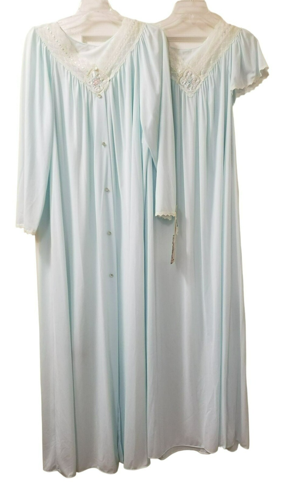 Shadowline Med Nylon & Lace Gown & Robe Peignoir set, Lt Blue, NWT, Satin Lustre