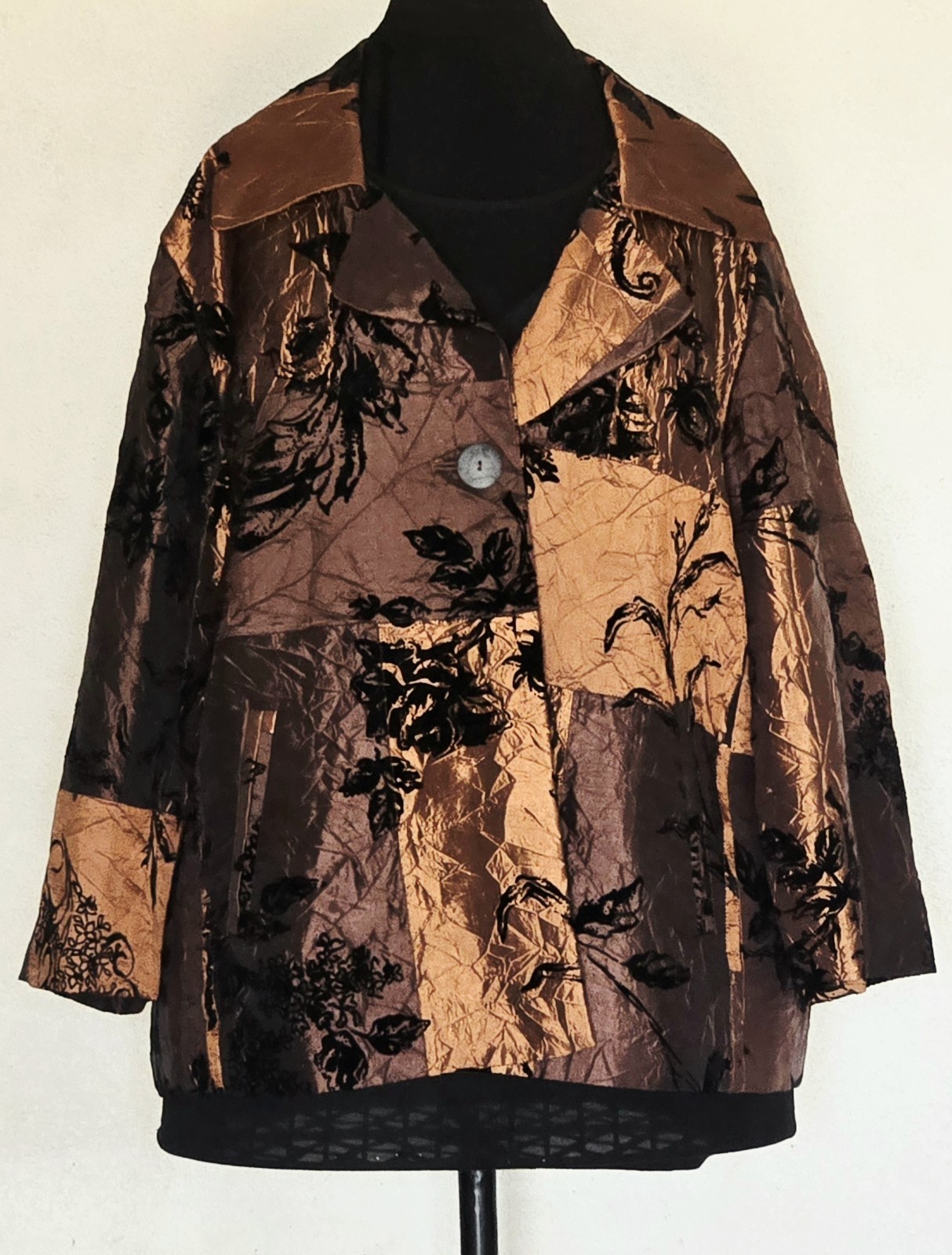 1990s SUSAN GRAVER Copper Tone Patchwork Floral Print Poly Nylon Blazer Size XL