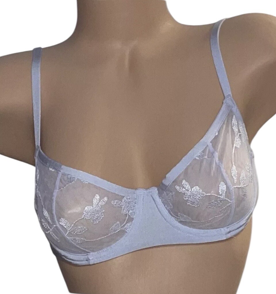 FELINA Purple Sheer Lace Shiny Floral Embroidery Bra Womens 32C