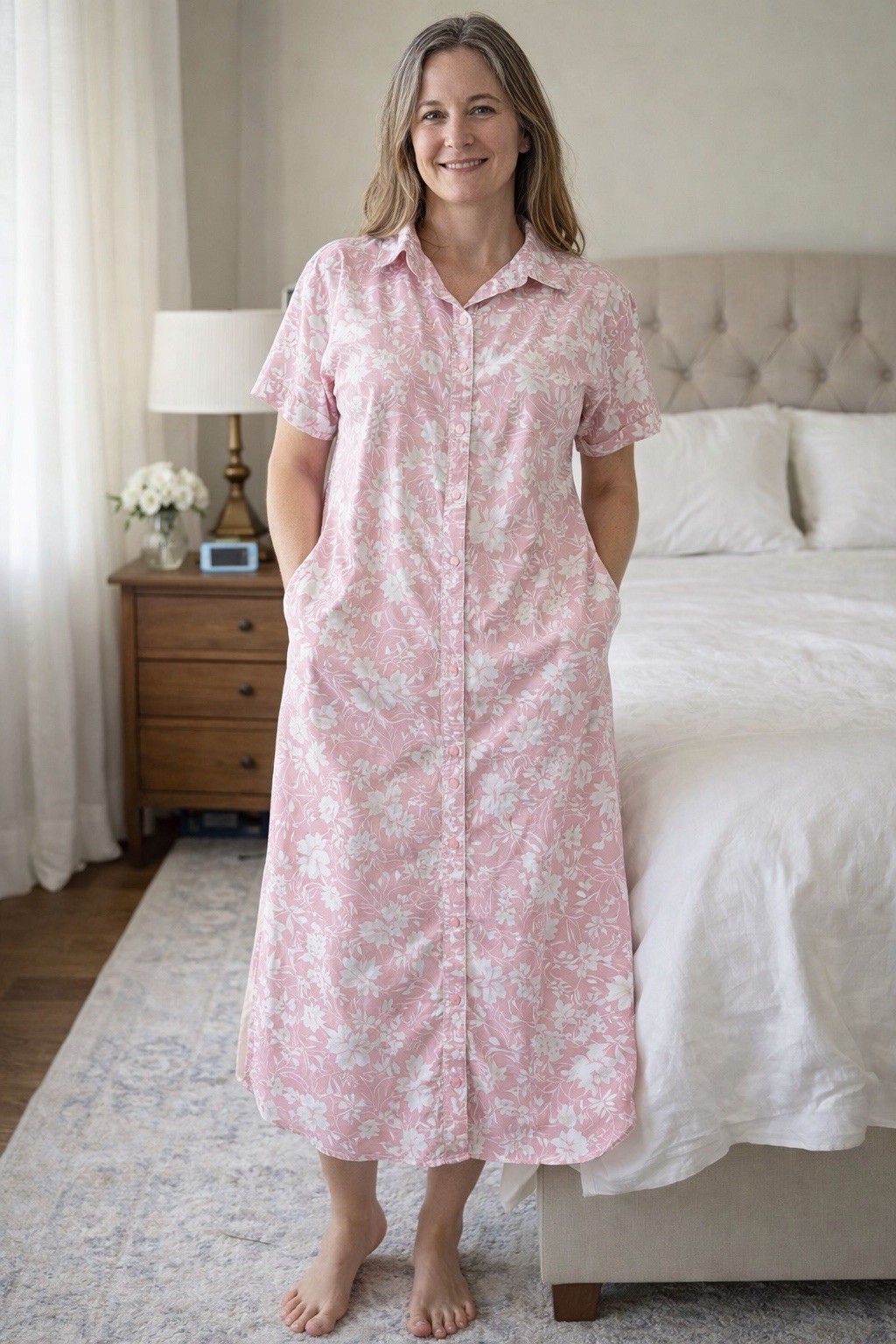 VTG Brownstone Studio Woman Dust Pink Flower Buttoned House Coat Robe Nightgown