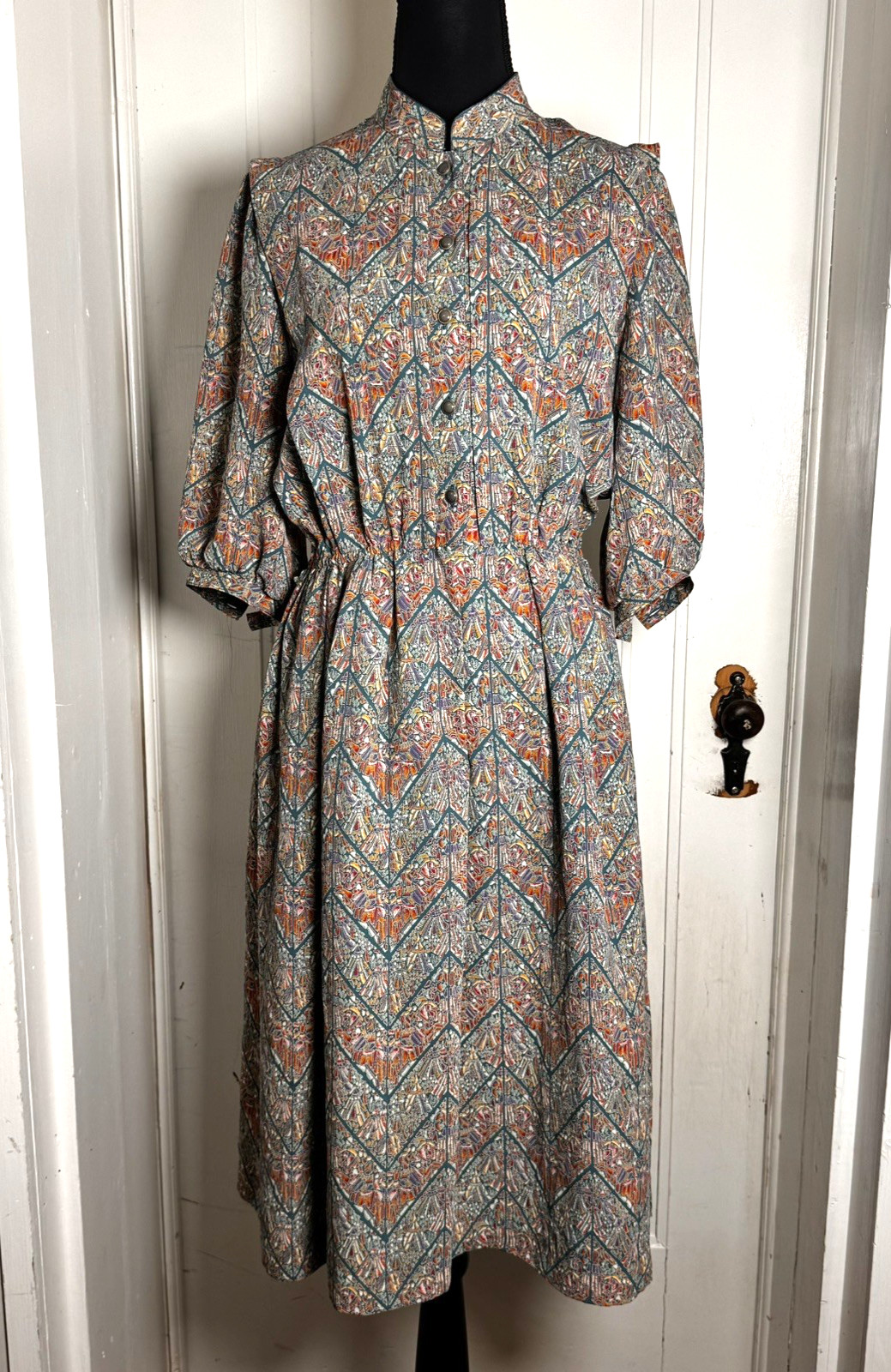 Junefun Onward Vtg 70s 80s Japanese Midi Dress M/L Abstract Print Movie Prop