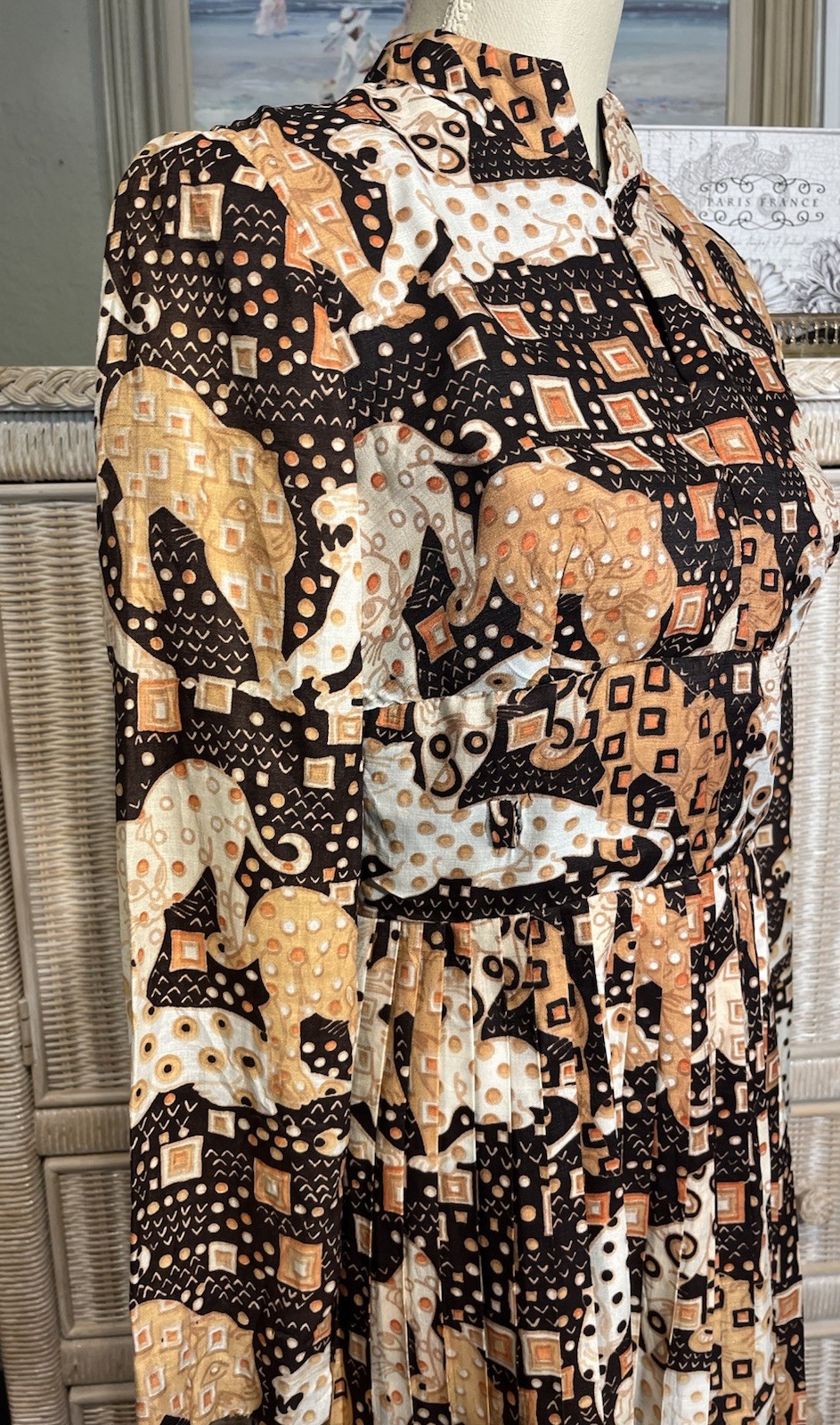 Vtg 1970’s Jaguars Psychedelic Print Dress S Mandarin Collar Pleated Skirt Union