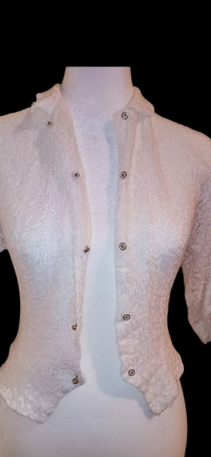 Vintage 1930s/40s White Lace Doleman Sleeve Fitted Waist Pearl Button Blouse XXS