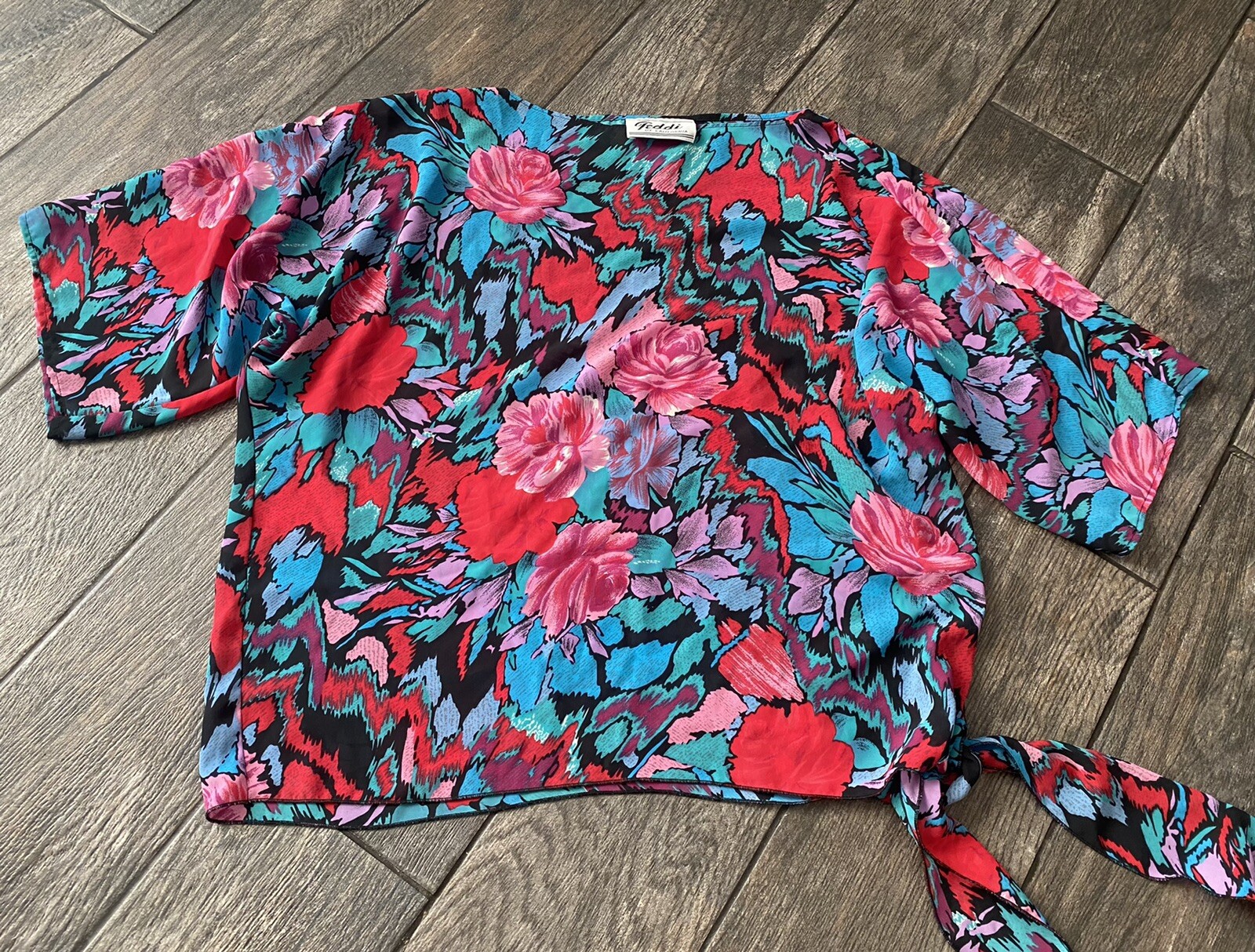 Teddi Of California Top 80s Flower Side Tie Dolman Sleeve Semi Sheer Red Green