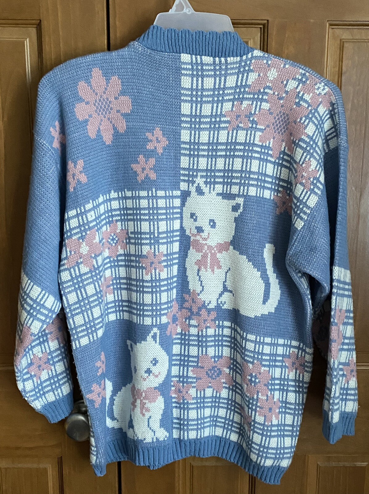 Vintage 80s Adele Kitty Cat Blue Pink Knit Sweater Fairy Kei Sz L/XL