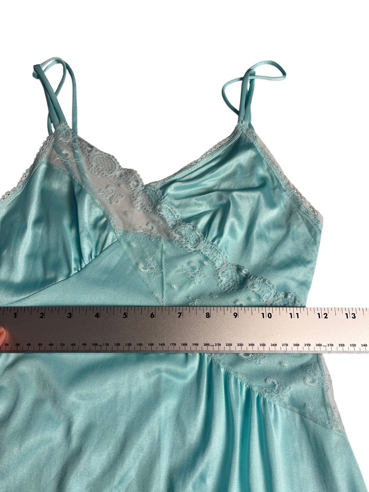 Vintage mint green Nylon Long Nightgown, Maxi slip dress Lace Trim XS USA sexy