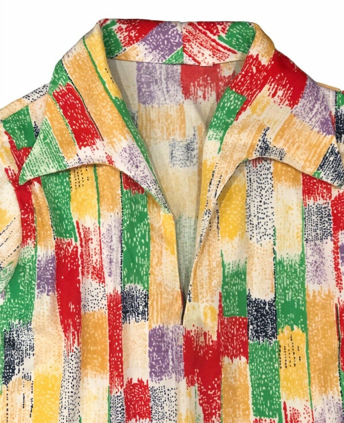 Vtg 70s Women Blouse Mod Hippie Wide Collar Paint Stripe Polyester Shirt M L