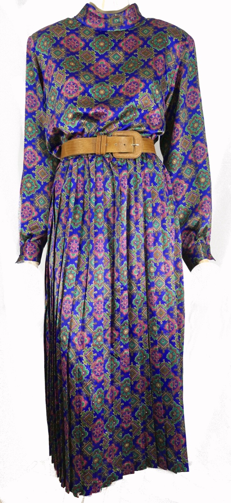 Vtg 90s Talbots Silky Satin Pleated Tailored Boho Secretary Midi Day Dress 14