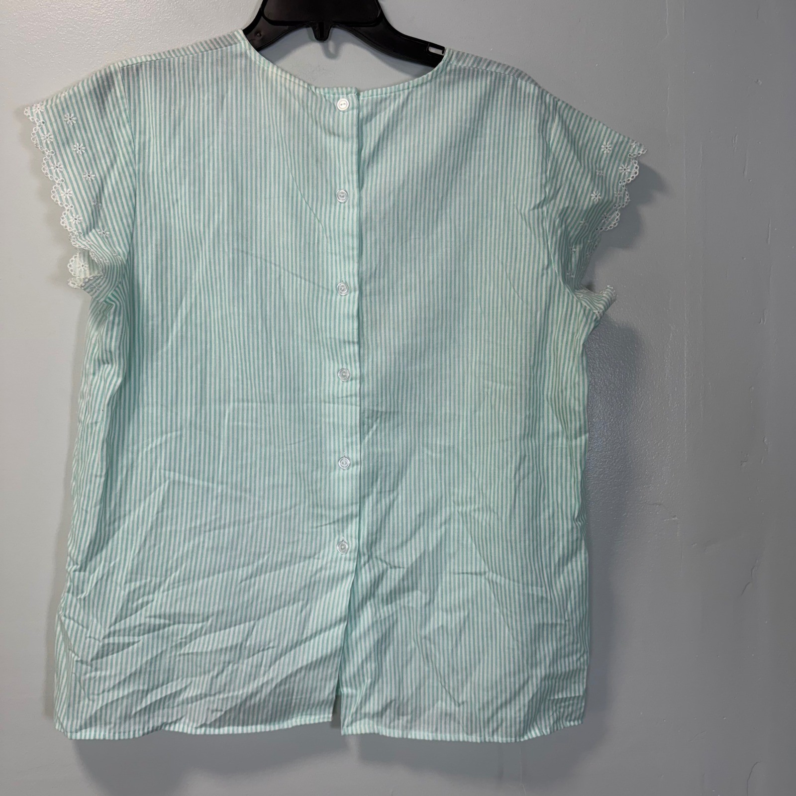 Vintage Tara One Collectibles Teal White Striped Lace Trim Button Back Blouse