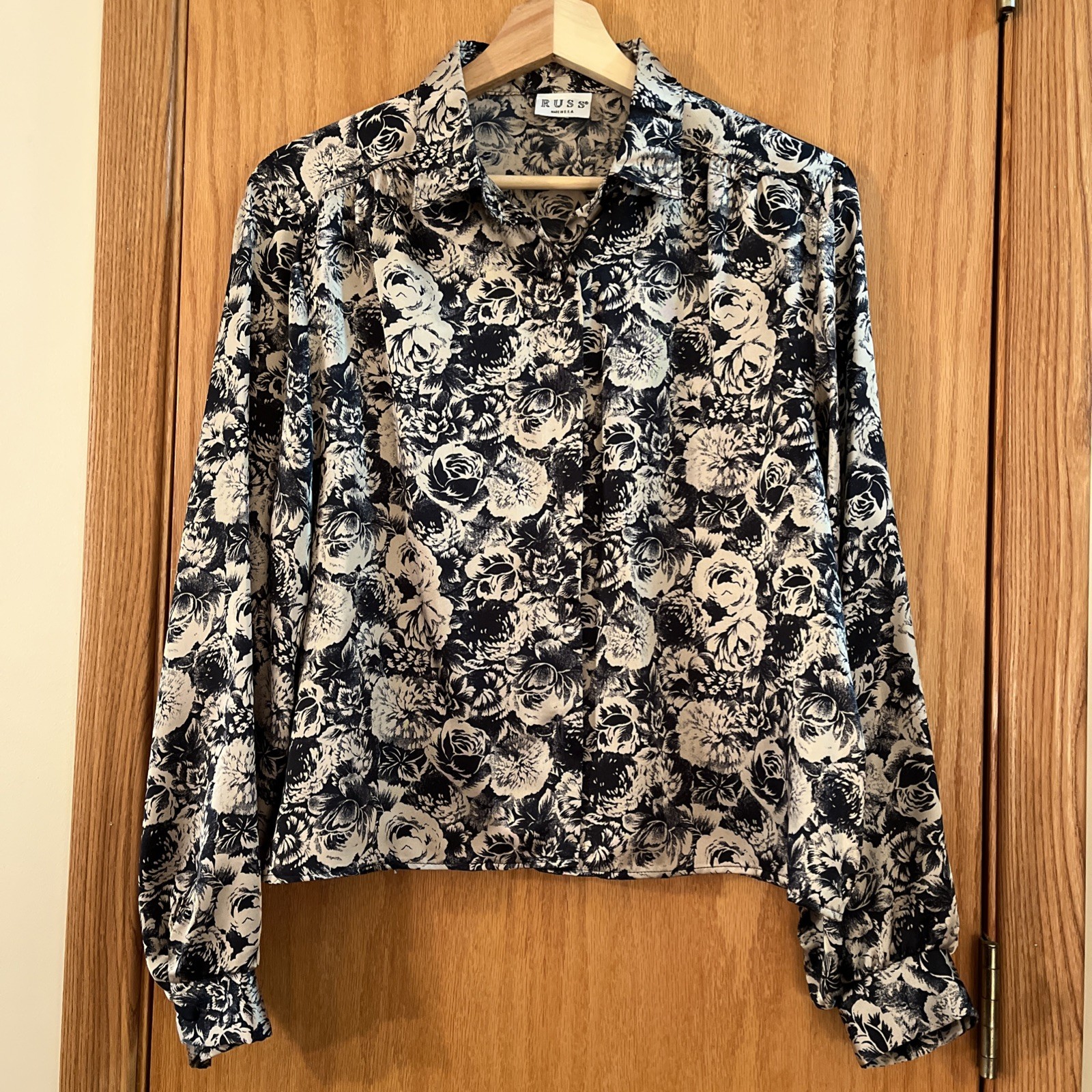 Vintage Russ 90s 100% Silk Satin Blouse Sz 14 Black Rose Print On Beige USA Made