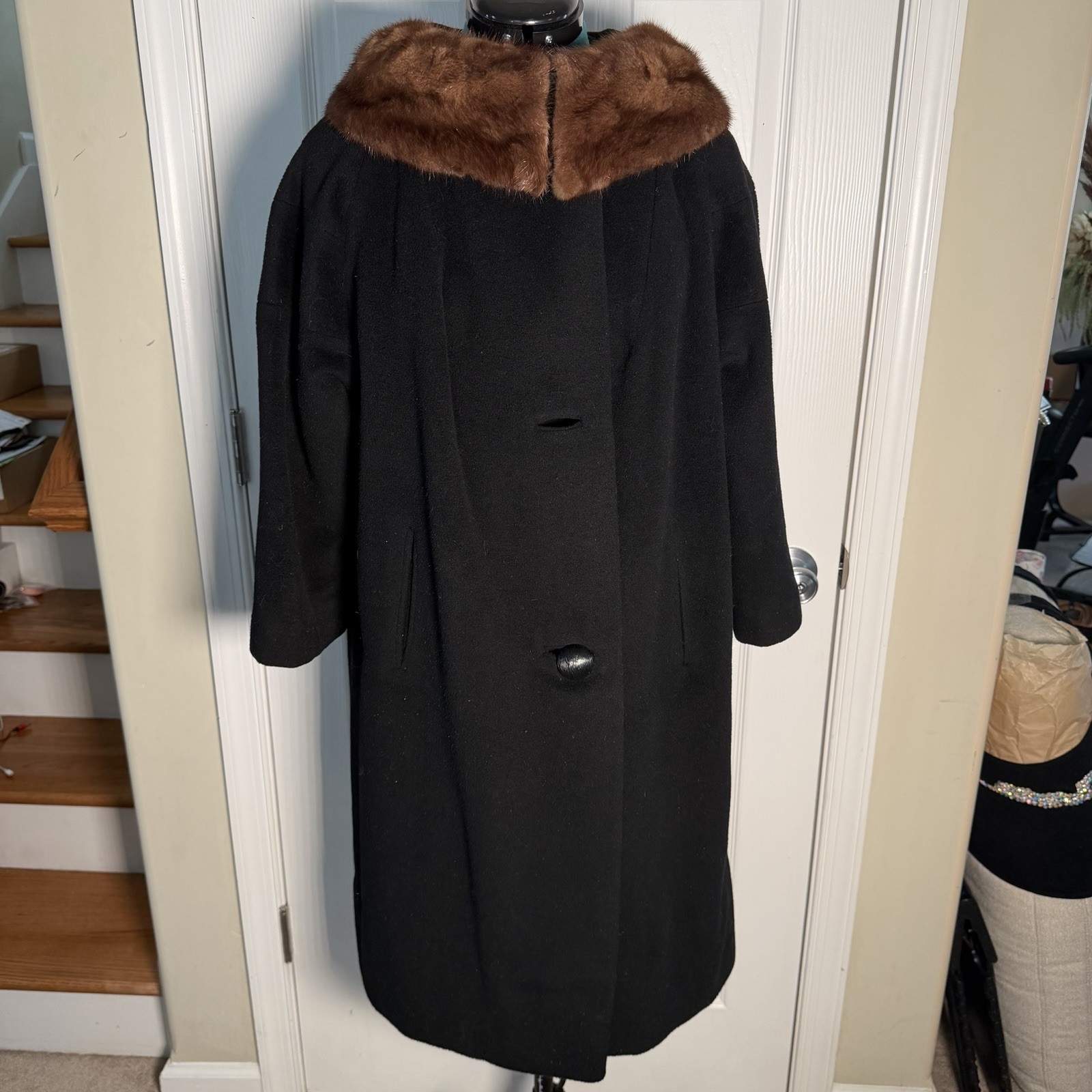 Vintage Black Wool Dress Coat Real Fur Collar ILGWU Union Label Made in USA