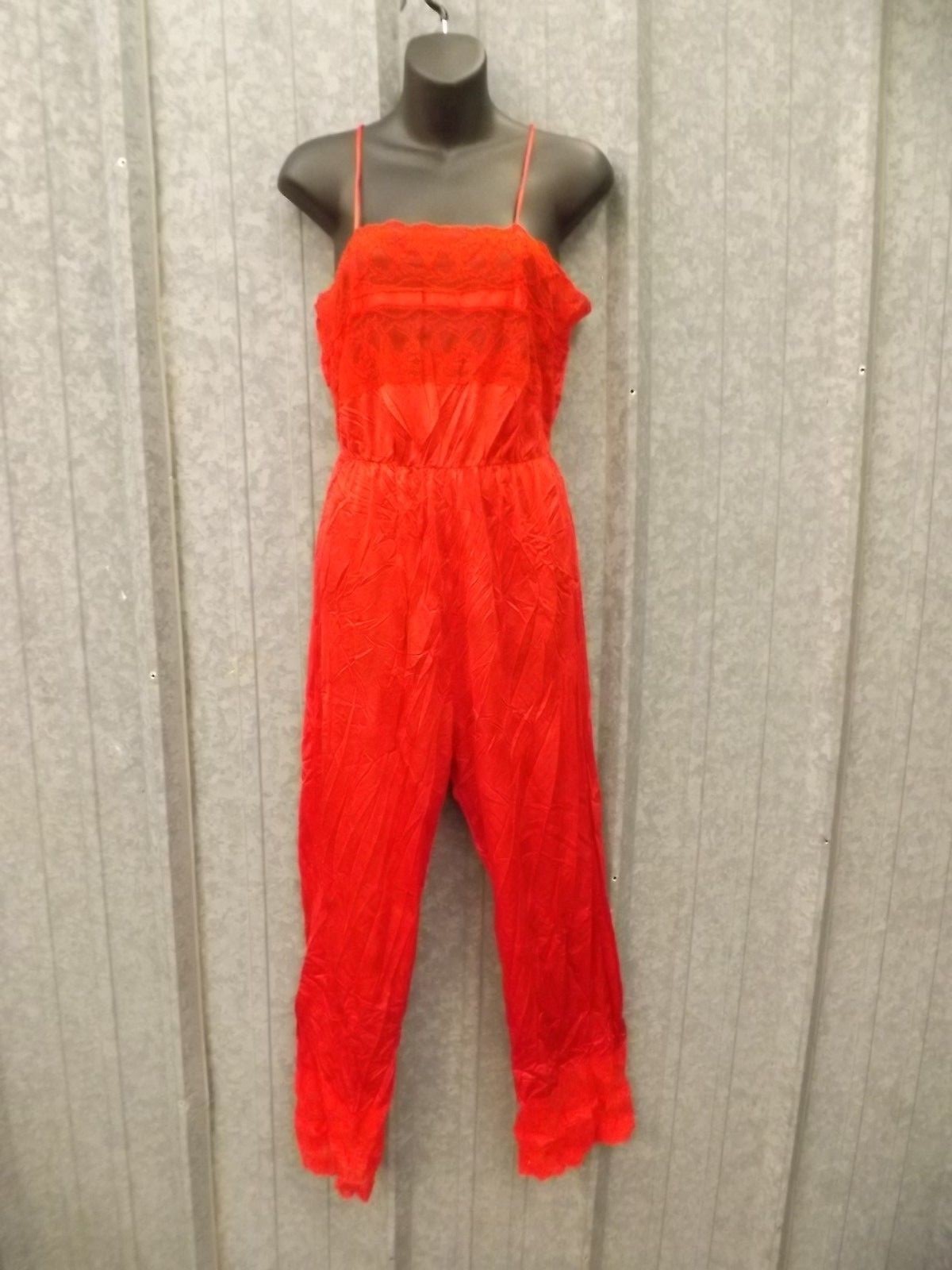 Hot Red Vtg Texsheen Lingerie See Thru Lace Bodice Long Pant Leg Jumper Romper M