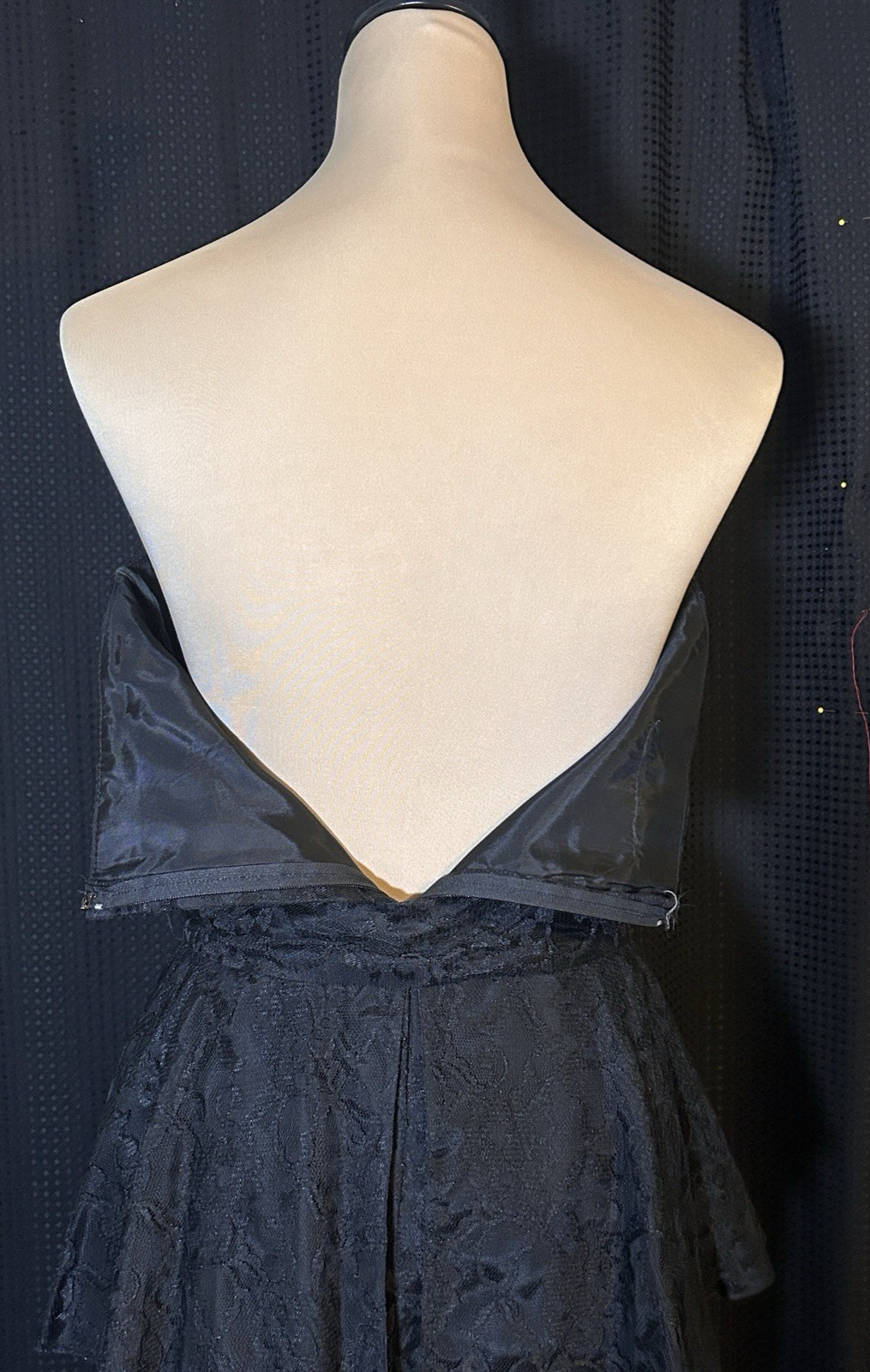 Vintage Strapless Bustier Dress Gown Black Lace Satin Pencil Peplum Witchy