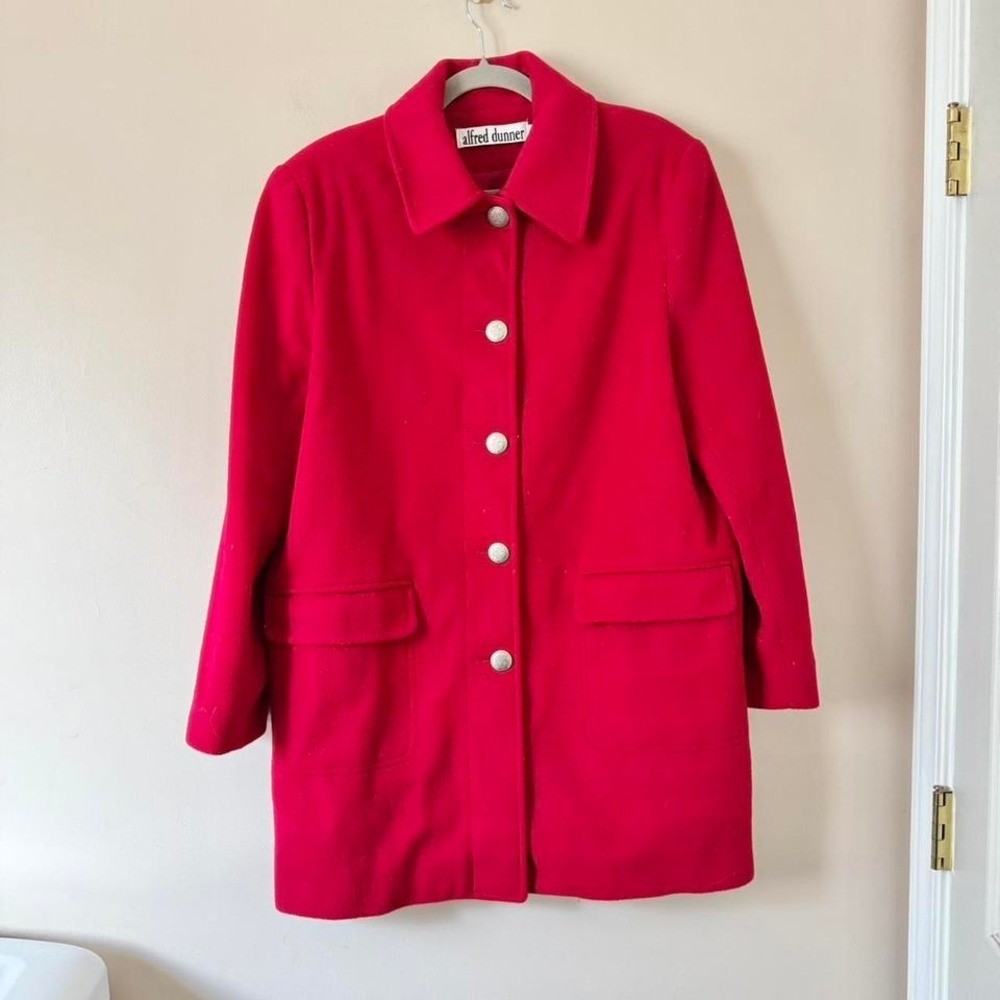 Vintage Cherry Red 100% Wool Overcoat jacket winter silver button alfred dunner