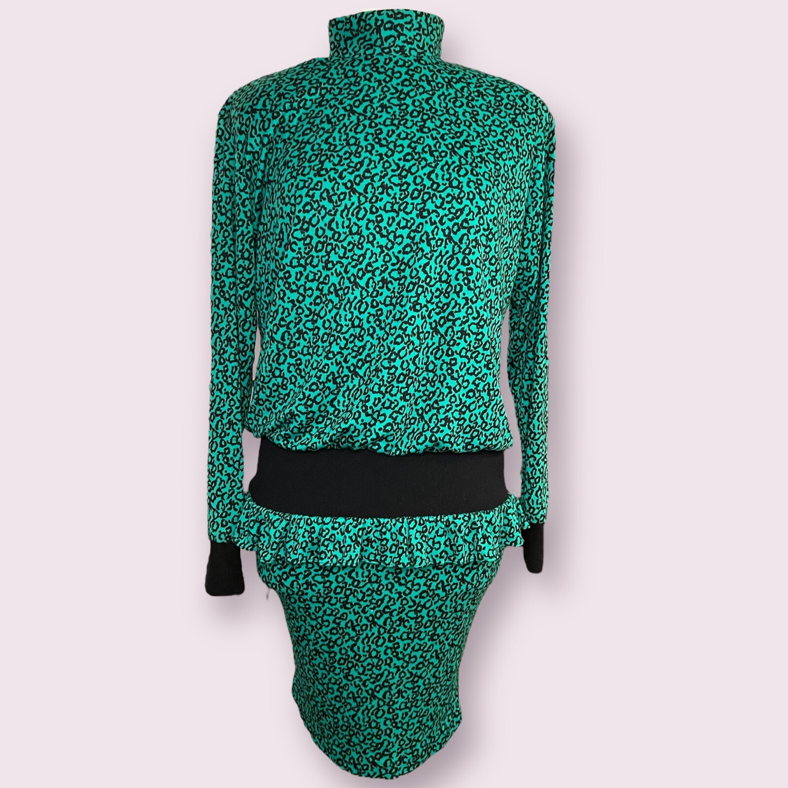 Vintage Bichon By Cynthia Howie Drop Waist Dress Green Animal print Cheetah 10