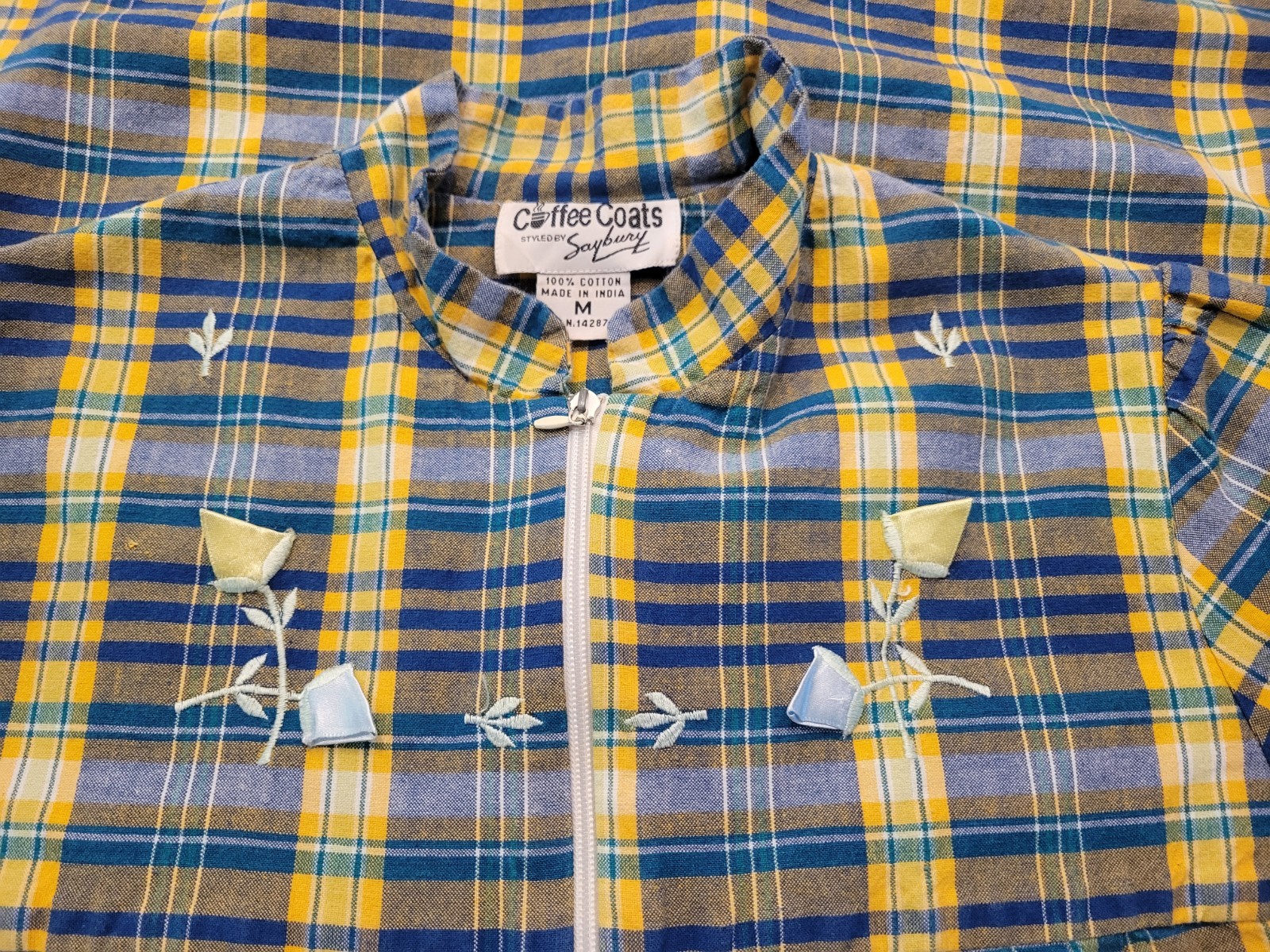 Vtg Coffee Coats By Saybury Women’s Blue Yellow Plaid Sz Med Embroidered Floral