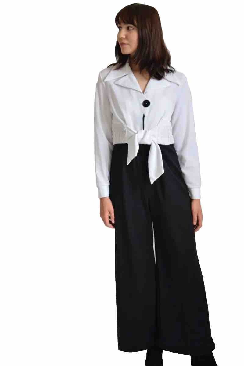 VTG 60s Mod Black & White Jumpsuit Palazzo Wide Leg Pants White Blouse USA Sz 14