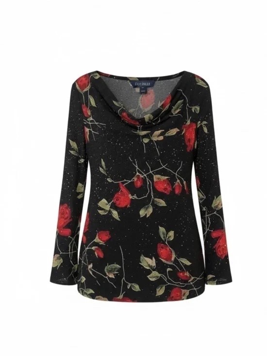 Vintage 90s Eva Blue Long Sleeve Beaded Black Blouse with Red Roses Size 20