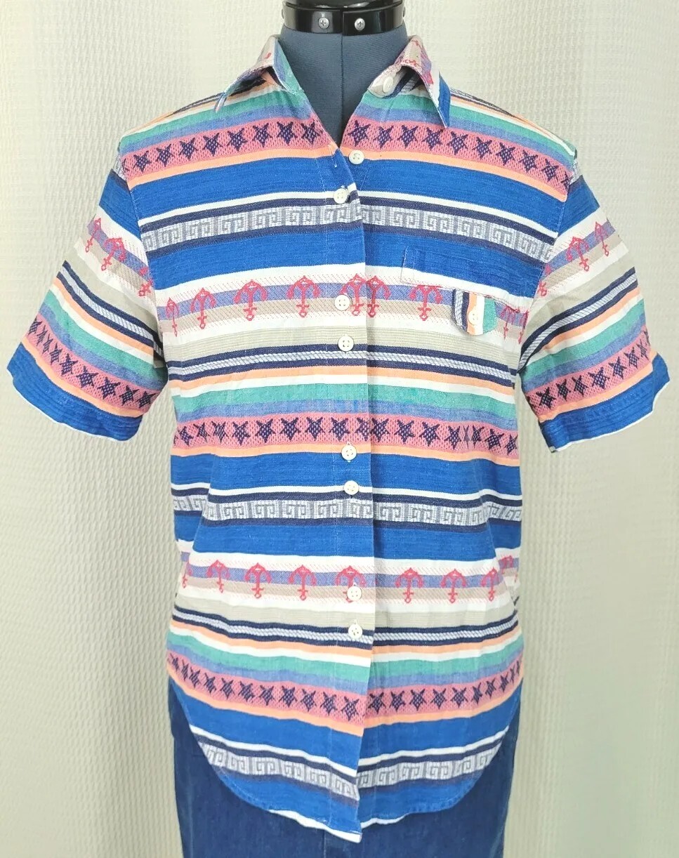 Vintage Cabin Creek Striped Button Down Shirt w Anchor Details Size Small Petite