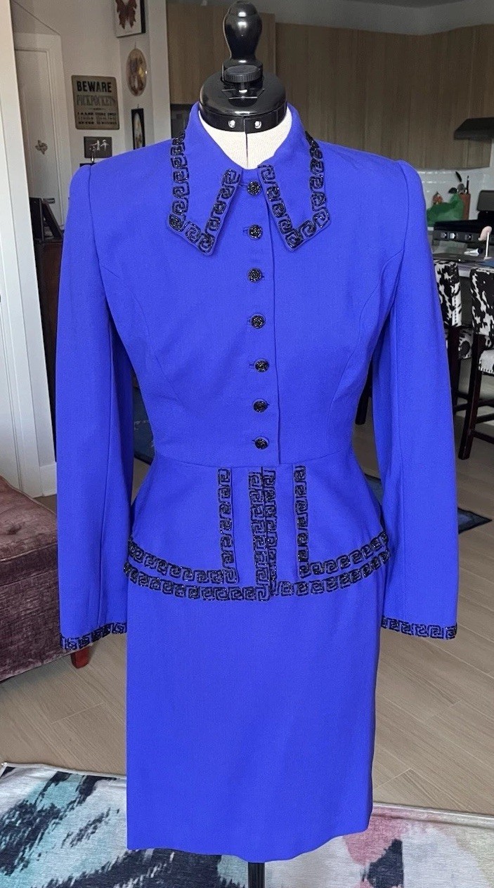 VTG 90s Purple Blue Wool Skirt Suit Set Bead Embroidery Peplum Jacket Size XS