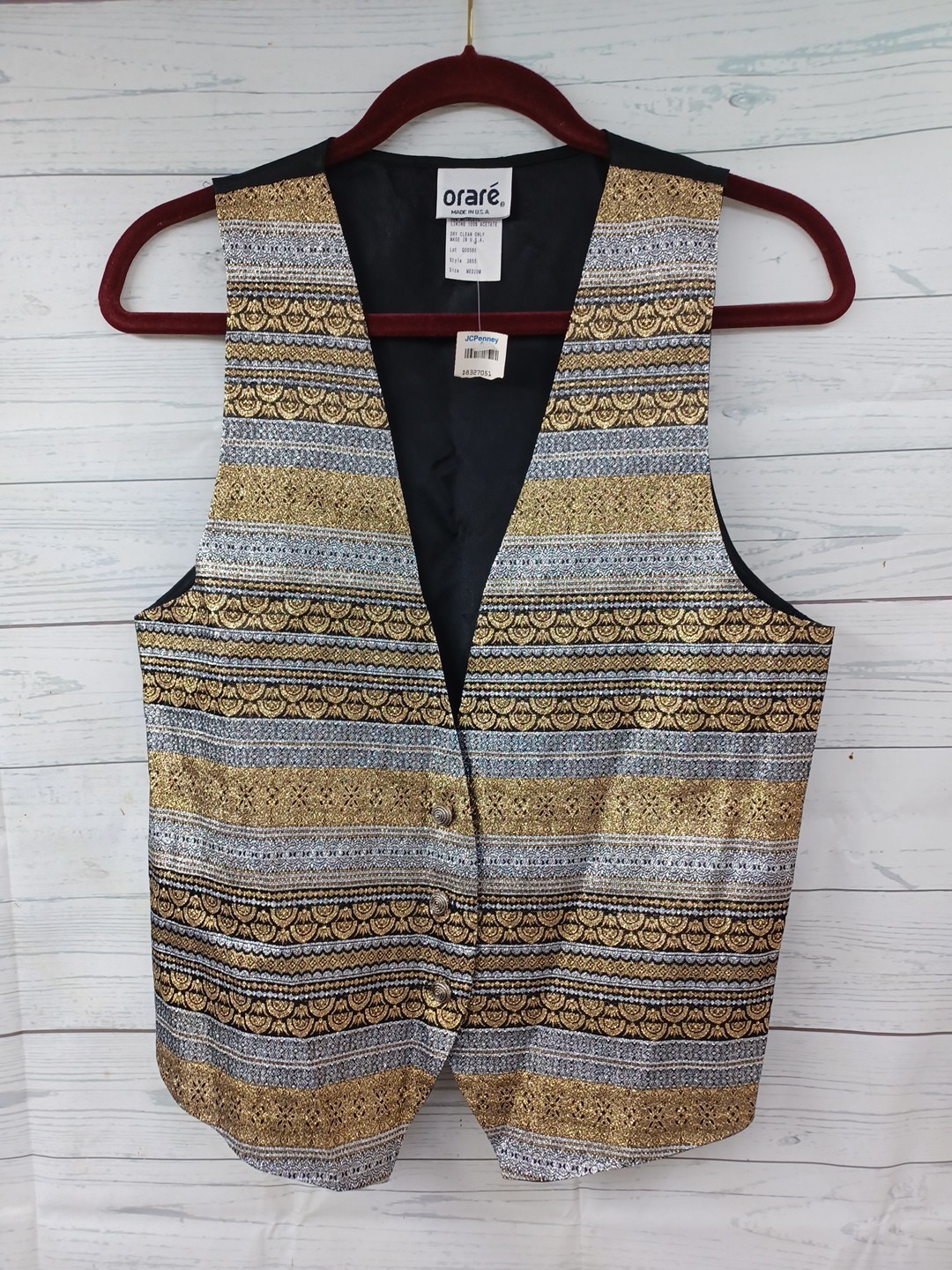 Vtg Orare Vest Black Gold Tone Striped Metallic Gold Silver Sz M